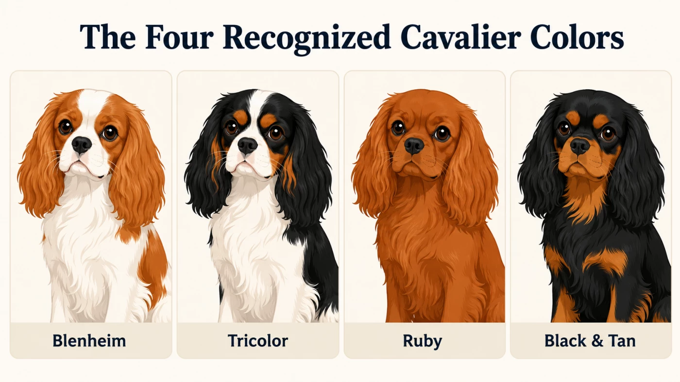 Four recognized Cavalier King Charles Spaniel colors compared